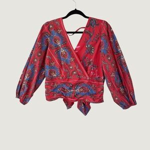 Conditions Apply Floral Wrap Top Large Red Boho Puff Sleeve Tie Back Blouse